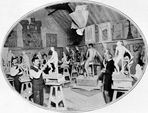 Étudiants en art dans une classe de modelage de sculpture, Londres, vers 1900-1901