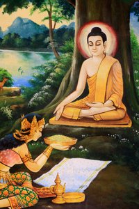 Bouddha ascétique recevant un bol de riz au lait de Nandabala