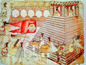 Guerriers aztèques défendant le temple de Tenochtitlan contre les conquistadors
