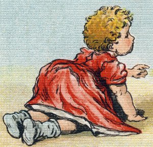 Bébé. Gravure dans "Alphabet de ma petite fille". Bernardin-Bechet et Fils, libraires-éditeurs, Paris, vers 1895. Album incassable sur toile. Bibliothèque des Bébés. 12 pages. Album contenant une méthode de lecture et un abécédaire illustratif.