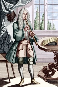 Musicien de hautbois baroque, légende - Homme jouant du hautbois (ou hautbois) qui est un ancien hautbois Gravure de J C Weigel (1661-1726) de Musikalisches Theatrum - Unbekannt