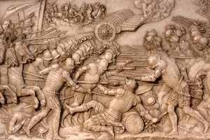 Basilique de Saint-Denis, Tombeau de François Ier roi de France et Claude de France, Bas-relief de la Fondation, Représentation de la bataille de Marignan en 1515 - les français et leur artillerie face à l
