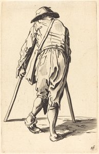 Mendiant avec des béquilles et un chapeau, vue de dos - Unbekannt
