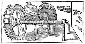 Soufflets actionnés par un arbre à cames alimenté par une roue à eau, 1540