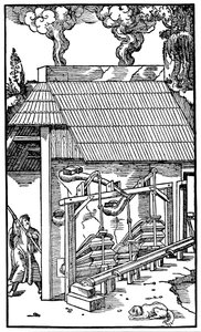 Soufflets alimentant un fourneau de fusion, 1556