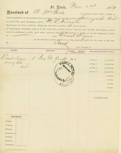 Connaissement, bateau à vapeur M[ary] E. Forsyth, Sunnyside, Arkansas, 1er novembre 1864