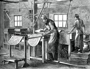 Imprimeurs de blocs au travail, vers 1880