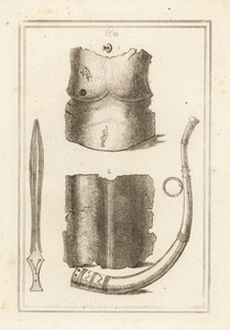 Plastron et dos de cuirasse romaine ancienne 1,2, lituus romain ou trompette militaire 3 et ancienne épée en laiton 4 - Unbekannt