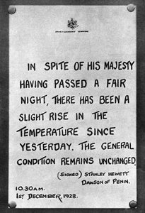 Bulletin des progrès médicaux du roi fixé aux grilles du palais, 1928, 1935