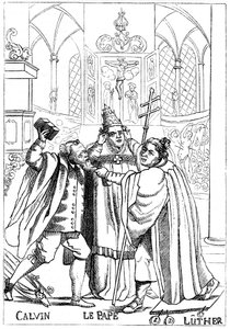 Calvin, Luther et le Pape se battant, publié en 1600 - Unbekannt