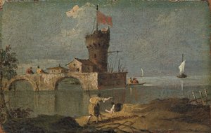Capriccio avec une tour circulaire, deux maisons et un pont, 18ème siècle