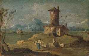Capriccio avec une île, une tour et des maisons