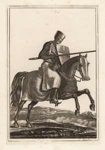 Chevalier en charge des XIIe et XIIIe siècles en cotte de mailles, casque plat, lance, bouclier en forme de poêle, jambières, selle de guerre - Unbekannt