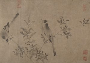Bulbuls chinois sur un pommier en fleurs - Unbekannt