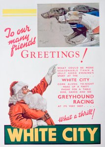 Publicité de Noël pour la piste de lévriers de White City, Londres