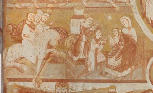 Église Saint-Martin. Intérieur. Peintures murales (fresque). Mur ouest de la nef. (détail). Arrivée des mages, adoration des mages. 12ème siècle.