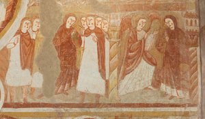 Église Saint-Martin. Intérieur. Peintures murales (fresque). Mur ouest de la nef. (détail) Accusation et annonciation de la Vierge. XIIe siècle. - Unbekannt