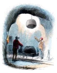 Exploitation minière : envoi de paniers de charbon à la surface d