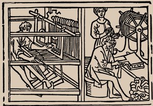 Peignage, filage et tissage de la laine. Du Speculum Vitae Humanae de Rodericus Zamorensis, 1479