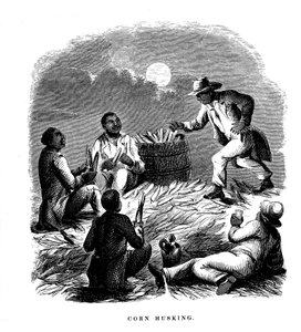 Épluchage de maïs, ouvriers noirs épluchant du maïs, sud des États-Unis, vers 1850 - Unbekannt