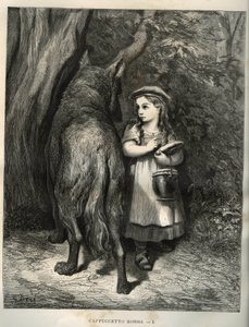 En traversant les bois, le Petit Chaperon rouge rencontre le loup. Gravure de Gustave Doré d