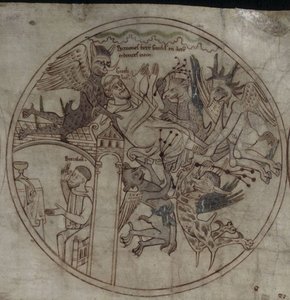 Démons attaquant Guthlac, Manuscrit La vie de Saint Guthlac, début du 12ème siècle