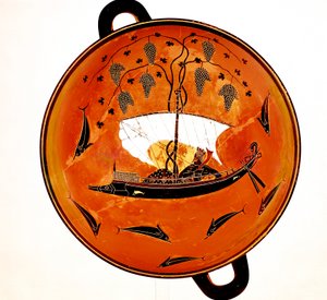 Dionysos dans un bateau entouré de dauphins, plat grec ancien Krater, 530 av. J.-C.