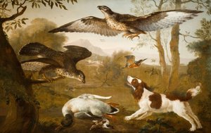 Chien gardant un canard mort des oiseaux de proie, 1700-1800