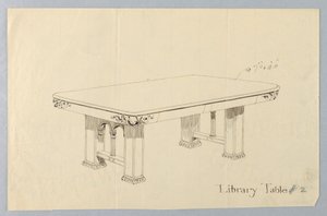 Dessin, Design pour une table de bibliothèque rectangulaire #2 avec visages de putti sculptés sur chaque coin arrondi - Unbekannt