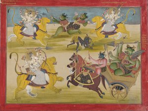 Durga combattant les rakshashas Shunga et Nishunga, d