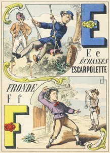 E F : échasses, escarpolette, fronde - Alphabet des jeux, vers 1890 (illustration)