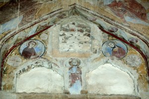 Église de Saint Macaire. Fresques de la Sainte Vierge et Saint Jean Baptiste intercédant avec le Christ en faveur de l
