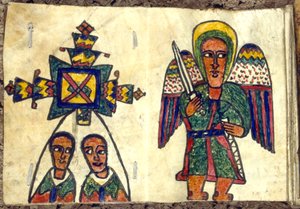 Livre de prières éthiopien montrant un ange avec une épée et deux hommes, peut-être des prêtres, 19ème siècle - Unbekannt