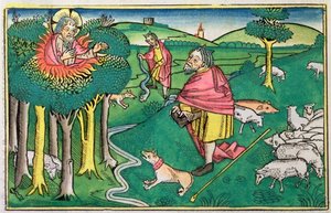 Exode 3:1-22 et 4:1-4: le buisson ardent et Dieu armant Moïse de la verge miraculeuse