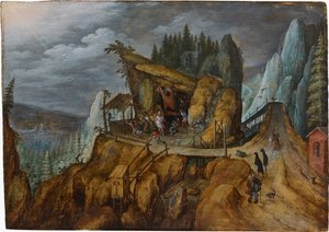 Paysage rocheux fantastique avec la Tentation de Saint Antoine