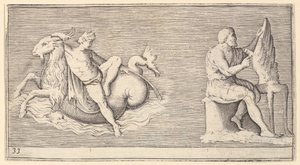 Figure sur un capricorne, homme sculptant une aile, publié vers 1599-1622 - Unbekannt