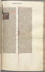 Fol. 205r, Job, initiale historiée V, Job sur le tas de fumier recevant une boucle d
