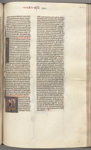 Fol. 353r, Joël, initiale historiée V, Joël assis avec un rouleau, buste de Dieu au-dessus, vers 1275-1300 - Unbekannt
