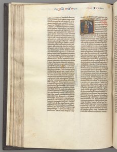 Fol. 76v, Josué, initiale historiée E, Josué avec un parchemin agenouillé devant Dieu, vers 1275-1300