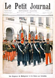Anciens combattants français portant les drapeaux des campagnes de Madagascar et de Chine, 1901