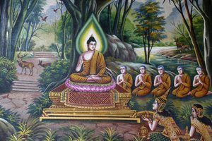 Fresque représentant le Bouddha avec des disciples à Wat Chiang Mun, Chiang Mai. Thaïlande