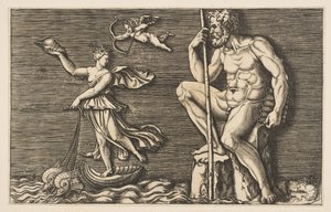 Galatée échappant à Polyphème, il est assis sur un rocher tenant un bâton et des pipes, vers 1515-1600 - Unbekannt