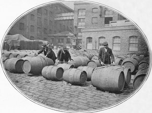 Mesure des tonneaux de vin aux docks de Londres