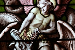 Genève, Genève, Suisse, le 5/7/2015 - Basilique Notre-Dame de Genève. Vitrail. Ange combattant Satan sous forme de dragon. - Unbekannt