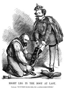 Giuseppe Garibaldi aidant Victor Emmanuel II à enfiler la botte de l