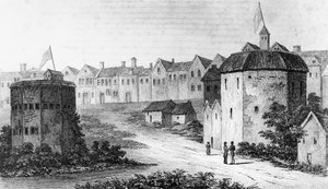 Théâtre du Globe, Bankside, Southwark à droite et le Bear Garden, vers 1597