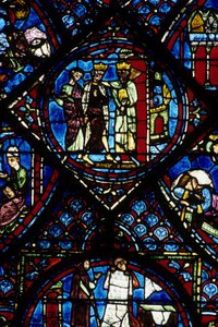 Architecture gothique. Histoire de Charlemagne (détail) : Charlemagne (742-814) reçu par Constantin Ier, empereur byzantin. Vitrail de l