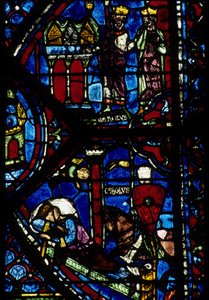 Architecture gothique. Histoire de Charlemagne (détail) : Charlemagne (742-814) reçoit 3 chasses (haut) et Vision de Constantin (I, empereur byzantin). Vitrail de l