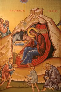 Icône orthodoxe grecque représentant la naissance du Christ, Thessalonique, Grèce
