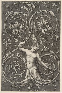 Grotesque avec figure masculine avec corps inférieur et tête de volutes d